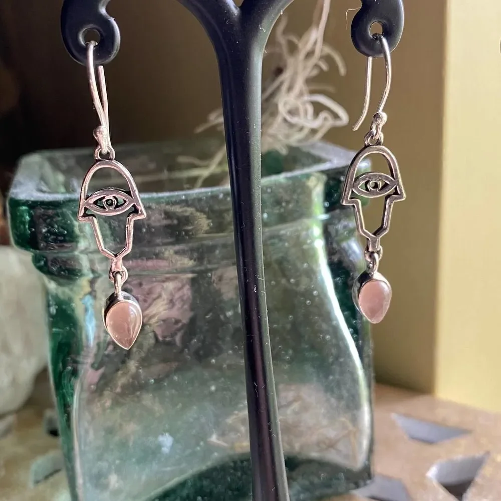 Rose Quartz Hamza Evil Eye Sterling Earrings
